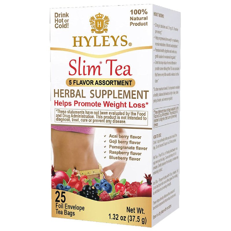 TE SURTIDO DE 5 SABORES, PARA LA PERDIDA DE PESOP, BAYA DE ACAI, BAYAS DE GOJI, FRAMBUESA, GRANADA, ARANDANO CALIENTE O FRIO HYLEYS SLIM TEA 25UND