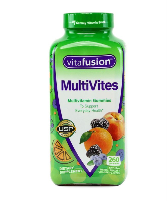 VITAMINAS EN GOMITAS MULTIVITAMINICAS ESENCIALES, MINERALES Y SABORES NATURALES DE FRUTAS, VITAMINA A, VITAMINA C, VITAMINA D, SABOR A BAYAS, DURAZNO Y NARANJA VITAFUSION 260UND
