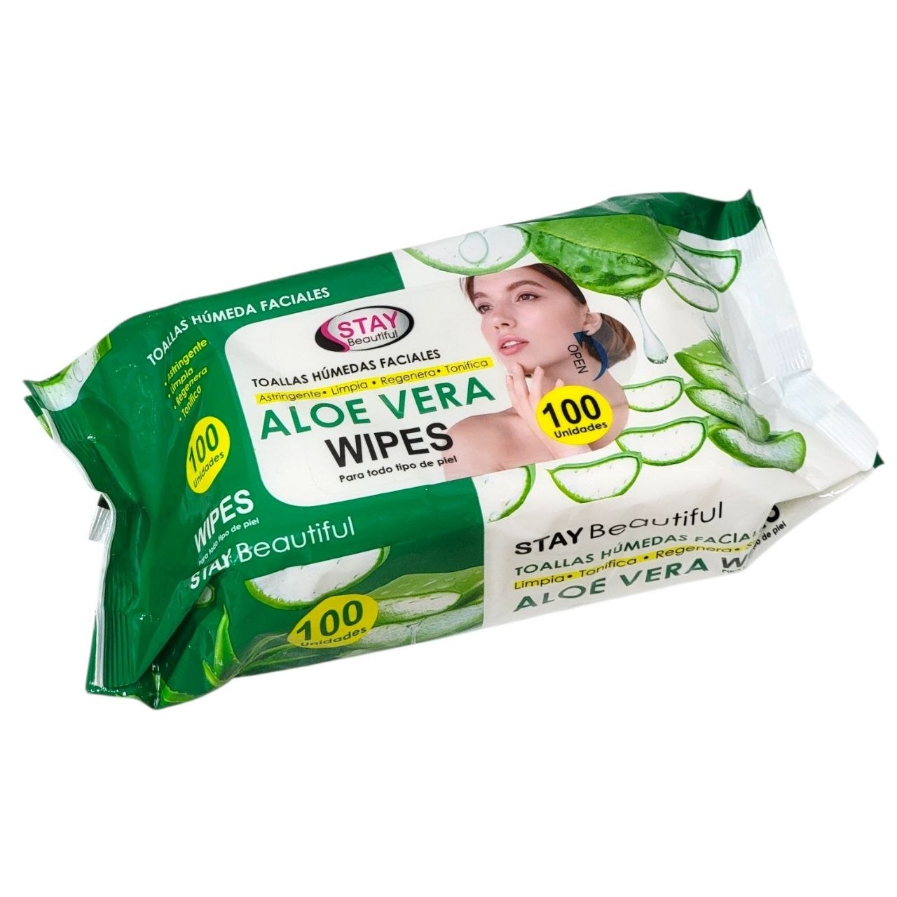 TOALLITAS HUMEDAS FACIALES DE ALOE VERA DESMAQUILLANTES Y LIMPIADORAS 100UND STAY BEAUTIFUL