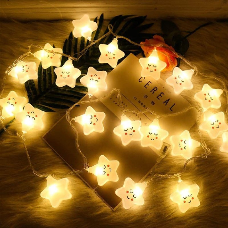 LUCES DECORATIVAS NAVIDEÑAS FORMA DE ESTRELLA SONRIENTE PARA EL HOGAR, DORMITORIO, DE BATERIAS, 20 LUCES, 3 METROS