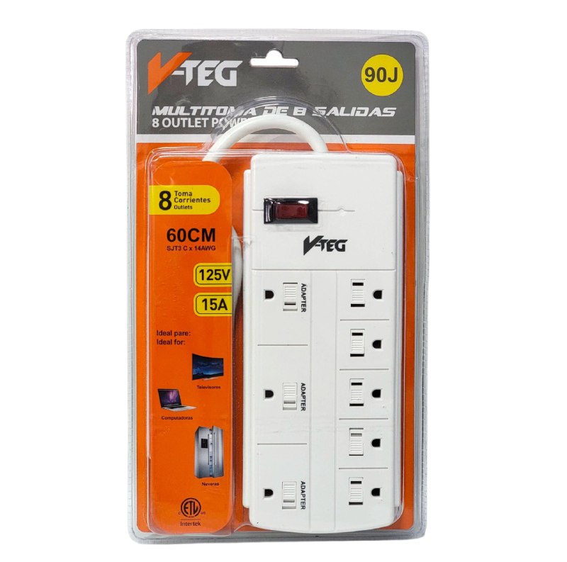 REGLETA EXTENSION DE 8 SALIDAS CON PROTECCION DE SOBRECARGA V-TEG 60CM