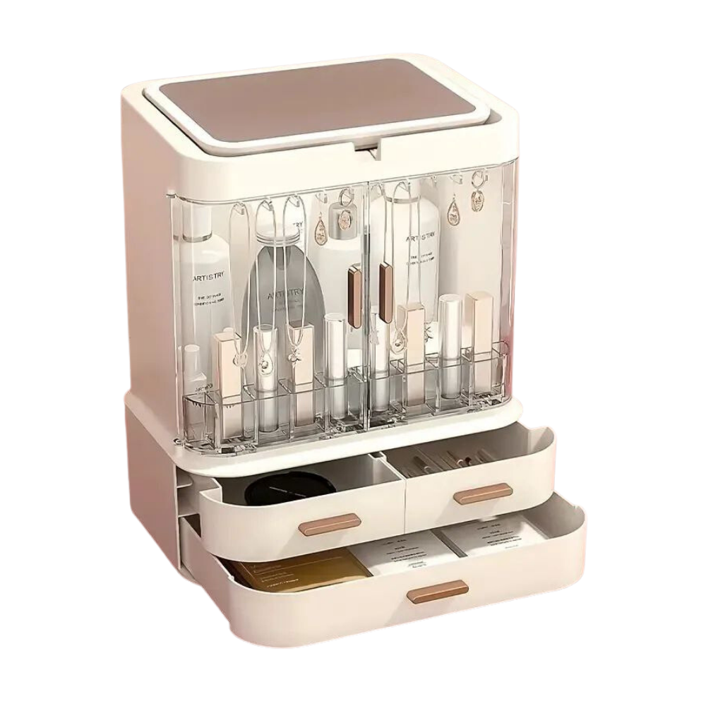 ORGANIZADOR DE MAQUILLAJE CON ESPEJO 360 GRADOS, SIN LUZ LED COLOR BEIGE