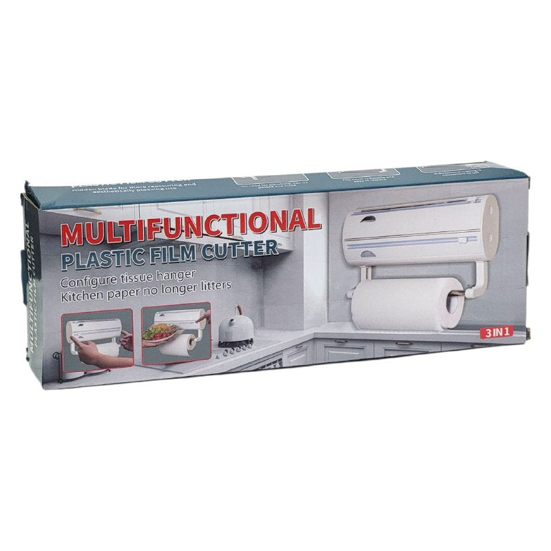 ORGANIZADOR DE COCINA PARA PAPEL TOALLA, TRANSPARENTE Y ALUMINIO 3 EN 1 CON CORTADOR INTEGRADO