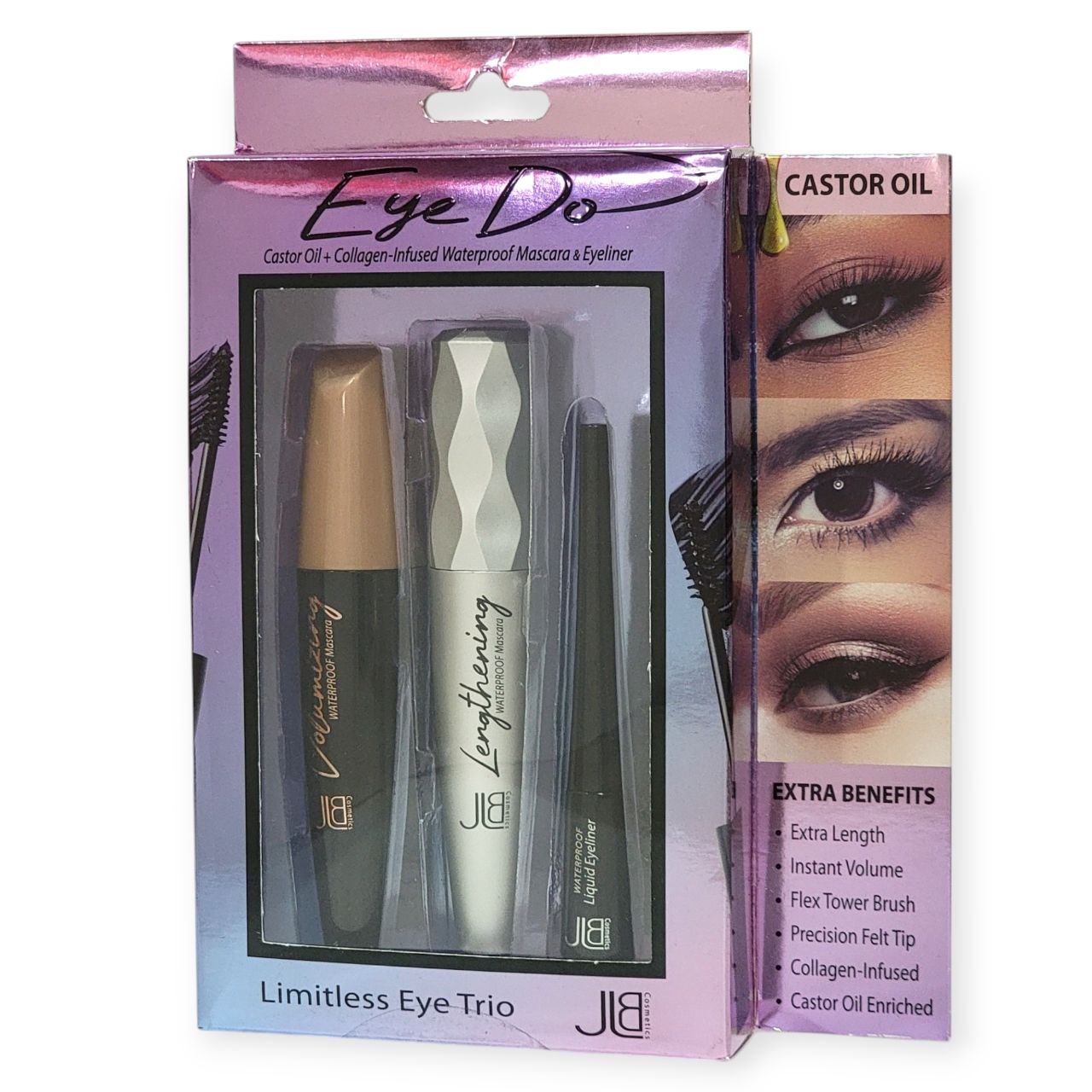 RIMEL Y DELINEADOR DE OJOS EN SET RESISTENTE AL AGUA CON COLAGENO 3PCS JLB COSMETICS