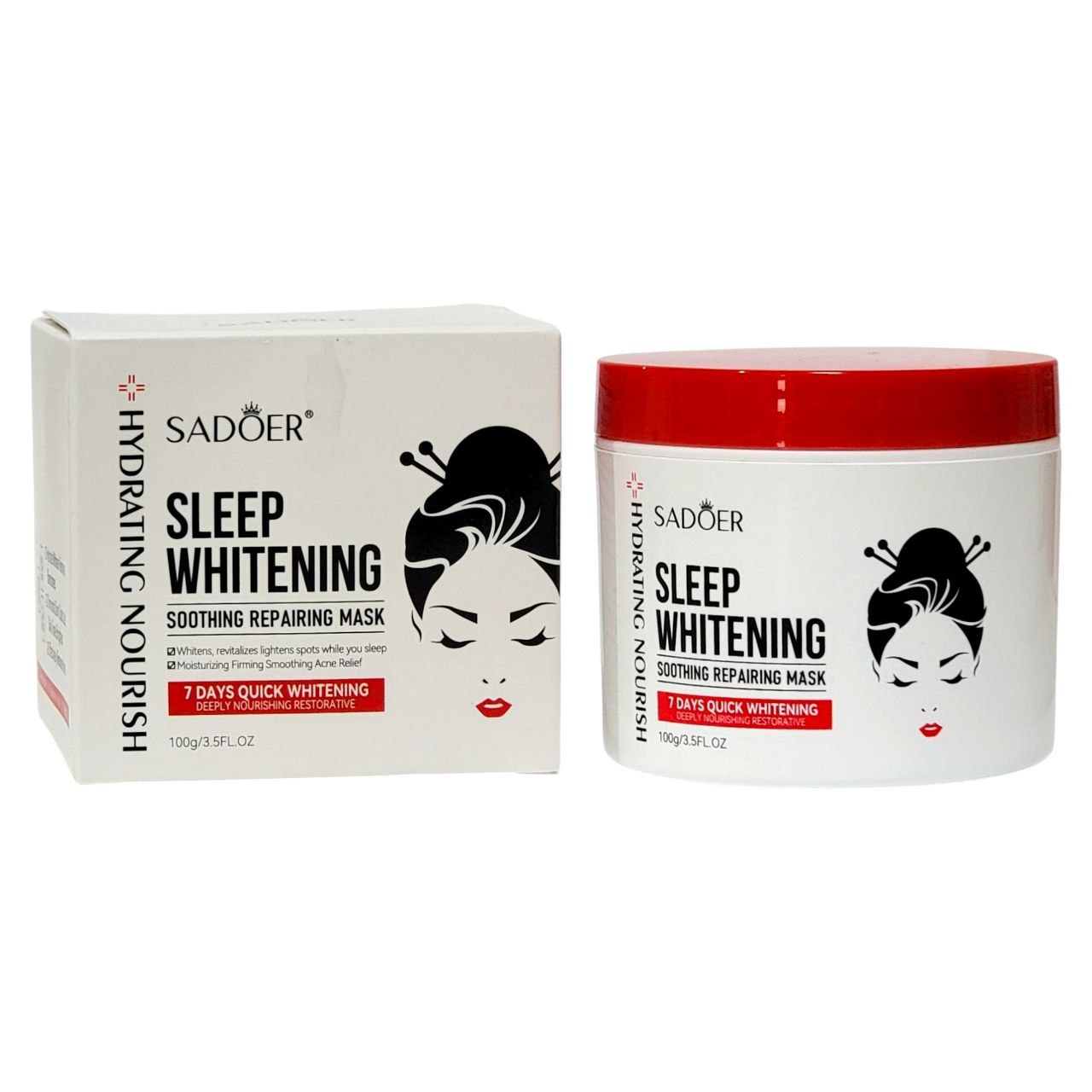 MASCARILLA FACIAL DE NOCHE, REPARADORA, CALMANTE Y BLANQUEADORA, CON NIACINAMIDA, ACIDO HIALURONICO Y VITAMINA C, ACLARA MANCHAS OSCURAS SADOER SLEEP WHITENNING 100G