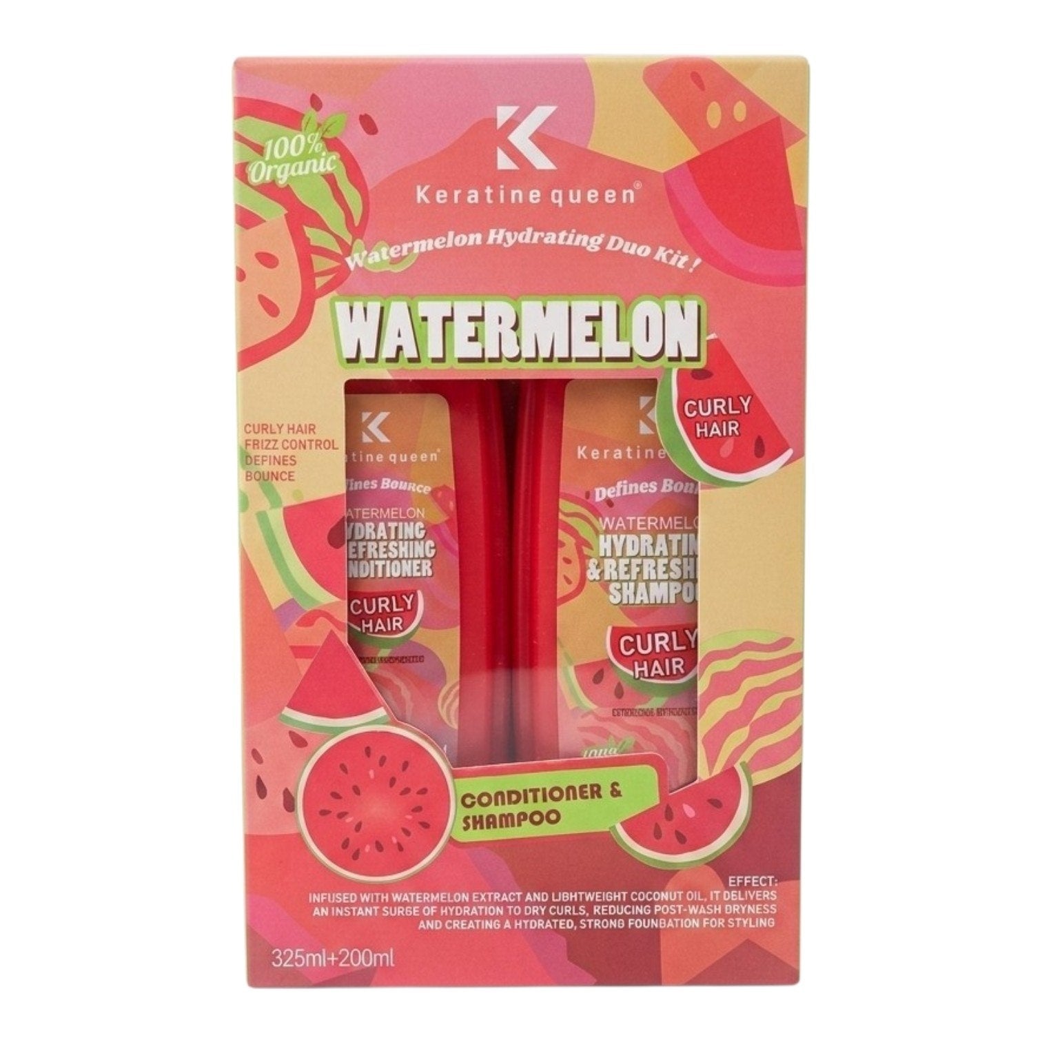 SET DE SHAMPOO Y ACONDICIONADOR HIDRATANTE Y NUTRITIVO PARA CABELLO RIZADO CON EXTRACTO DE SANDIA KERATINE QUEEN 325ML & 200ML