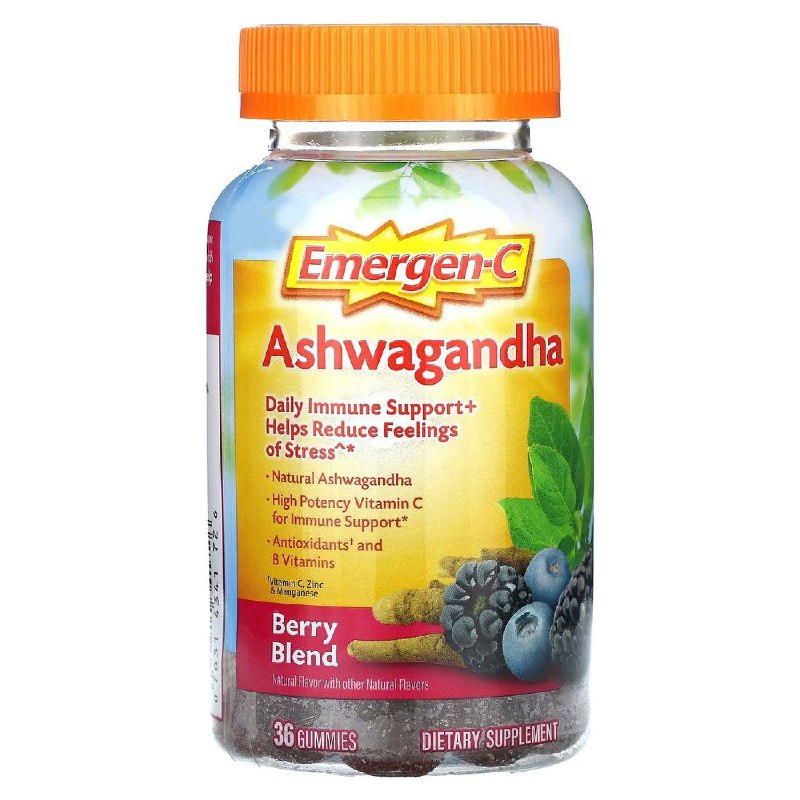VITAMINAS EN GOMITAS DE ASHWAGANDHA, DA APOYO INMUNITARIO DIARIO, REDUCE EL ESTRES, VITAMINA C DE ALTA POTENCIA, VITAMINA B, ZINC Y MAGNESIO, SABOR A BAYAS EMERGEN C 36UND
