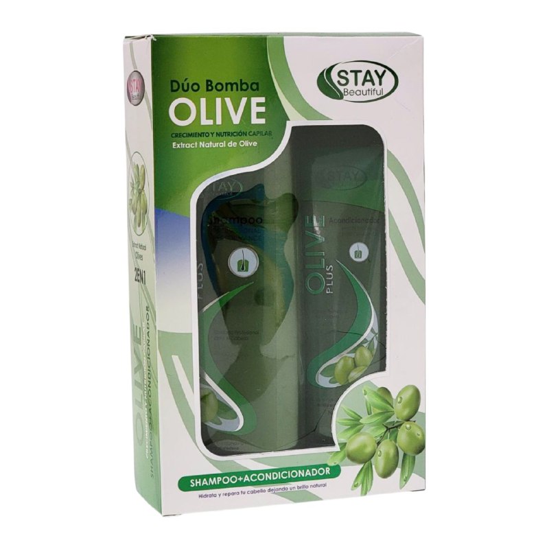 SHAMPOO PARA EL CABELLO EN SET Y ACONDICIONADOR DE OLIVA, HIDRATA Y EPARA EL CABELLO DEJANDO BRILLO NATURAL, REPARANDO LAS PUNTAS NUTRE E HIDRATA STAY BEAUTIFUL 400ML+230G