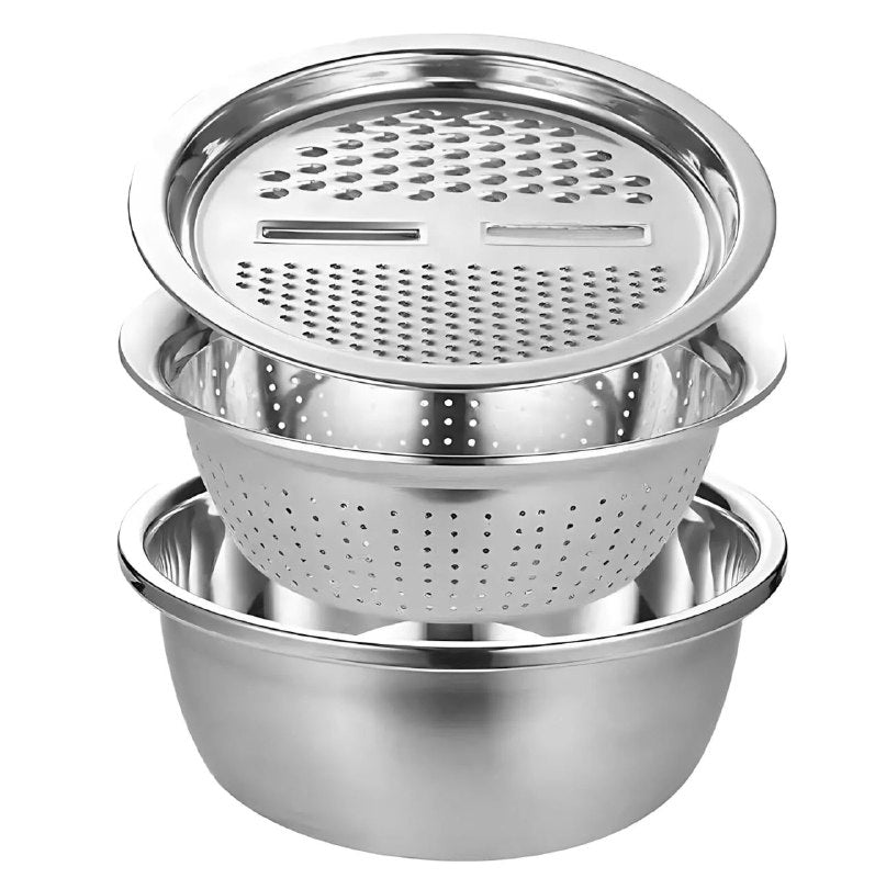 SET DE RECIPIENTE, RALLADOR Y COLADOR MULTIFUNCIONAL DE ACERO INOXIDABLE 28CM