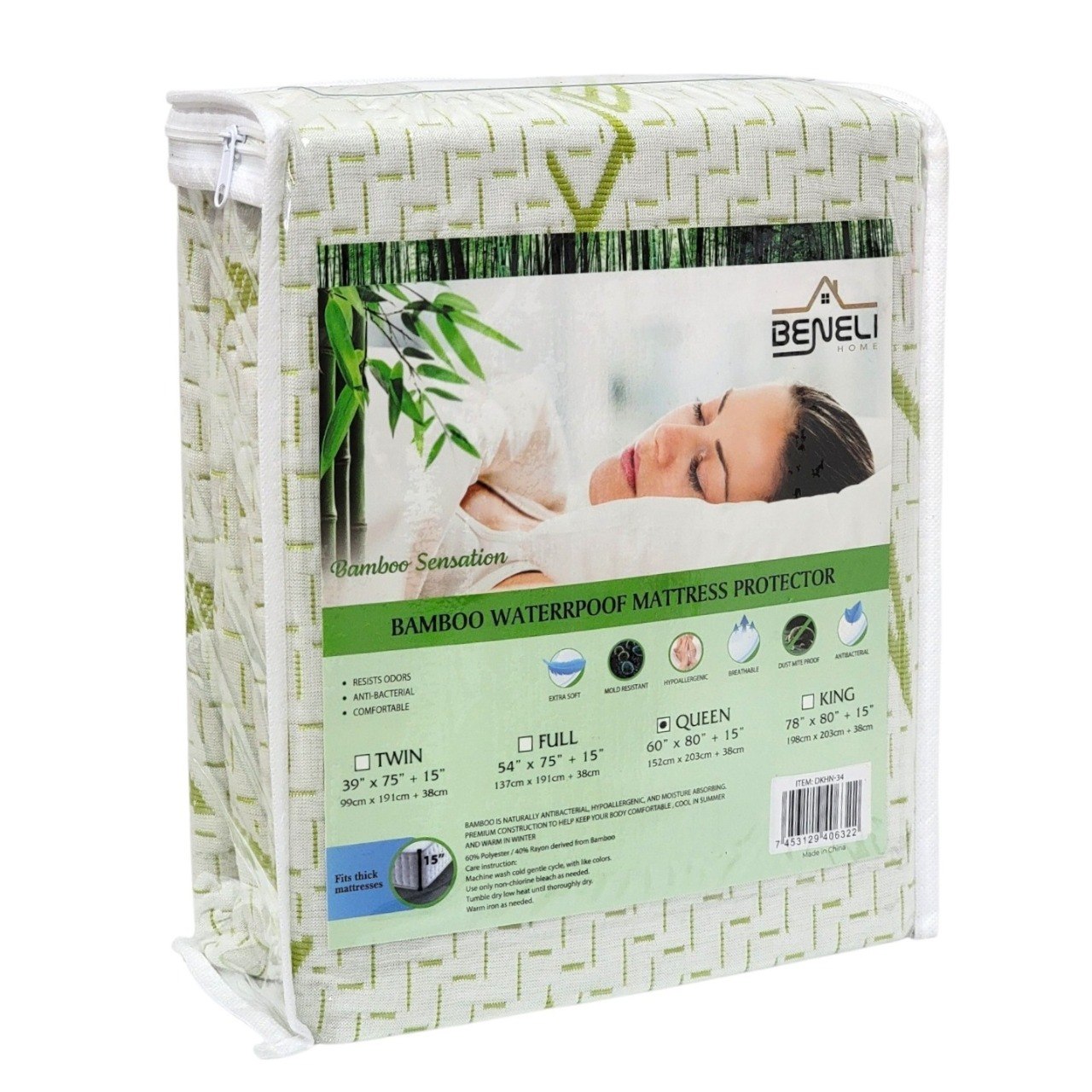 PROTECTOR DE COLCHON IMPERMEABLE CON TEJIDO DE BAMBU TAMAÑO QUEEN BENELI HOME 152CM X 203CM + 38CM