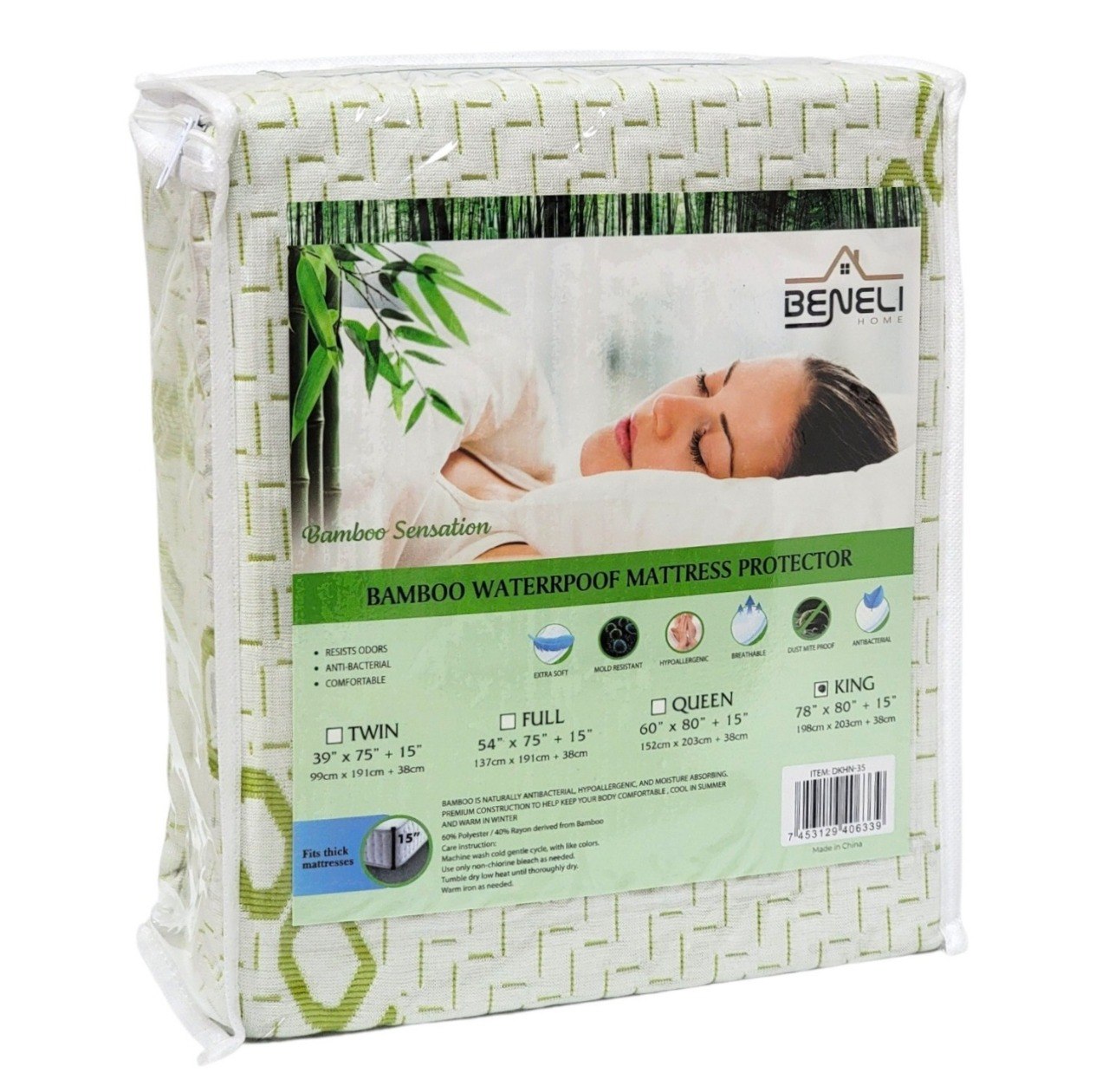 PROTECTOR DE COLCHON IMPERMEABLE CON TEJIDO DE BAMBU TAMAÑO KING BENELI HOME 98CMX203CM+38CM