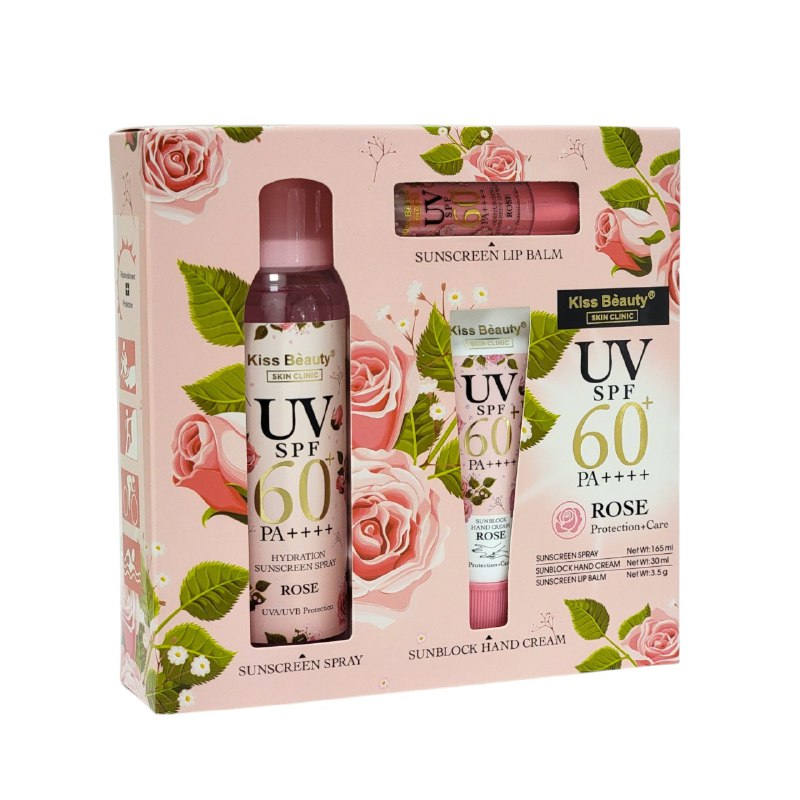 SET DE PROTECCION SOLAR Y CUIDADO HIDRATANTE CON EXTRACTO DE ROSA 3PCS KISS BEAUTY
