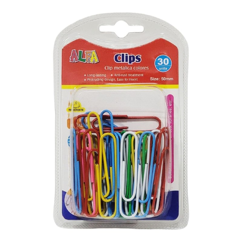 CLIPS SUJETADORES METALICOS PARA PAPEL DE COLORES ANTIOXIDANTES 30UND ALFA