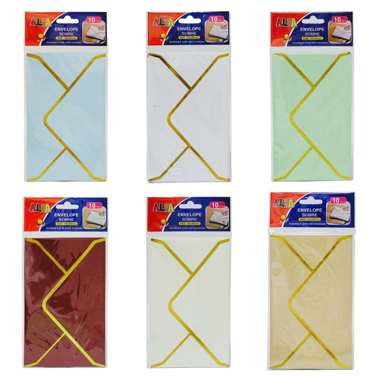 SET DE TARJETAS Y SOBRES CON BORDES DORADOS 10UND ALFA 150X90MM
