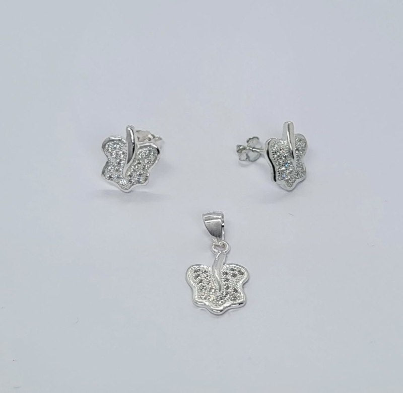 PSET2583 SET MARIPOSA CON ZIRCONIA BLANCO PLATA 9.25