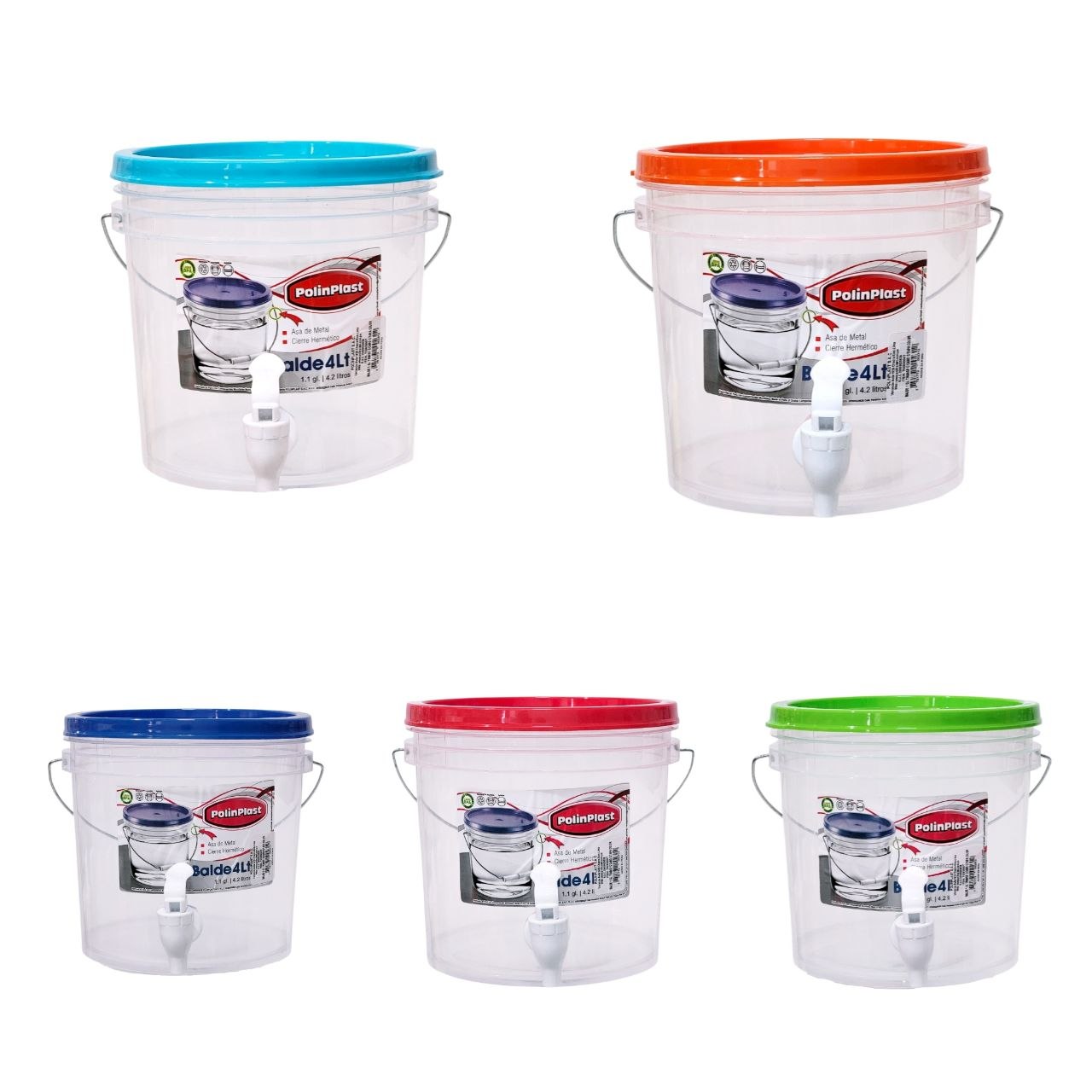 RECIPIENTE BALDE PARA LIQUIDOS CON DISPENSADOR ASA DE METAL Y CIERRE HERMETICO POLINPLAST 4L