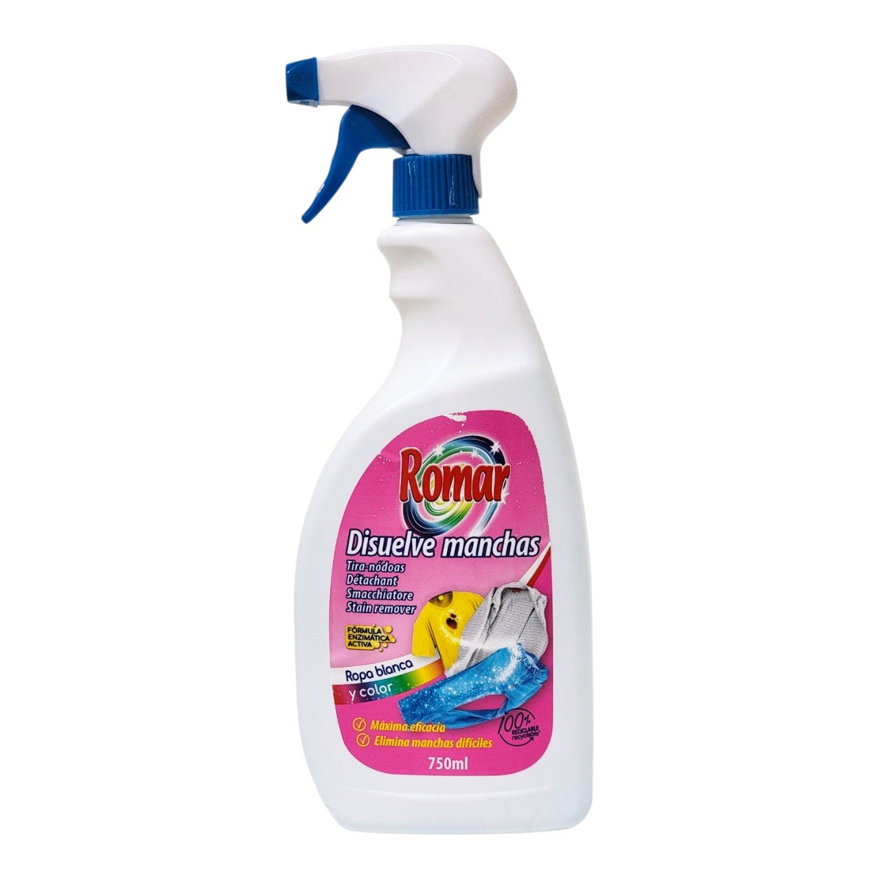 LIMPIADOR QUITAMANCHAS LIQUIDO PARA ROPA CON FORMULA ENZIMATICA ACTIVA ROMAR 750ML