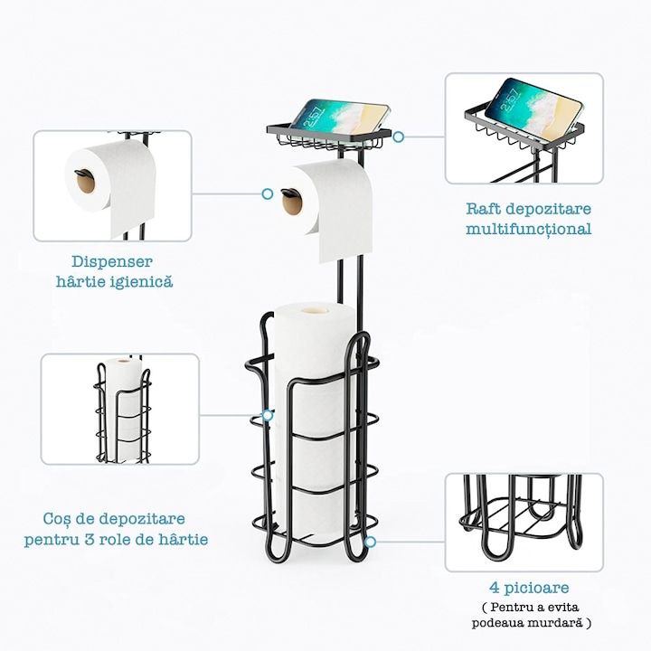 ESTANTE ORGANIZADOR PARA BAÑO, ALMACENAMIENTO DE PAPEL HIGIENICO Y SOPORTE PARA CELULAR