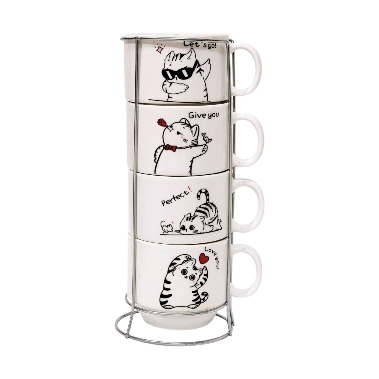 SET DE TAZAS CON DISEÑO GATITOS CON BASE DE ACERO INOXIDABLE 4PCS 7X7CM