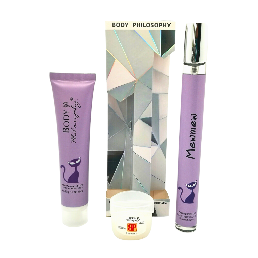 SET PERFUME TUBO PARA DAMA BODY PHILOSOPHY MEWMEW EDP 35ML, BODY LOTION 40G, VASELINA 7G (M)