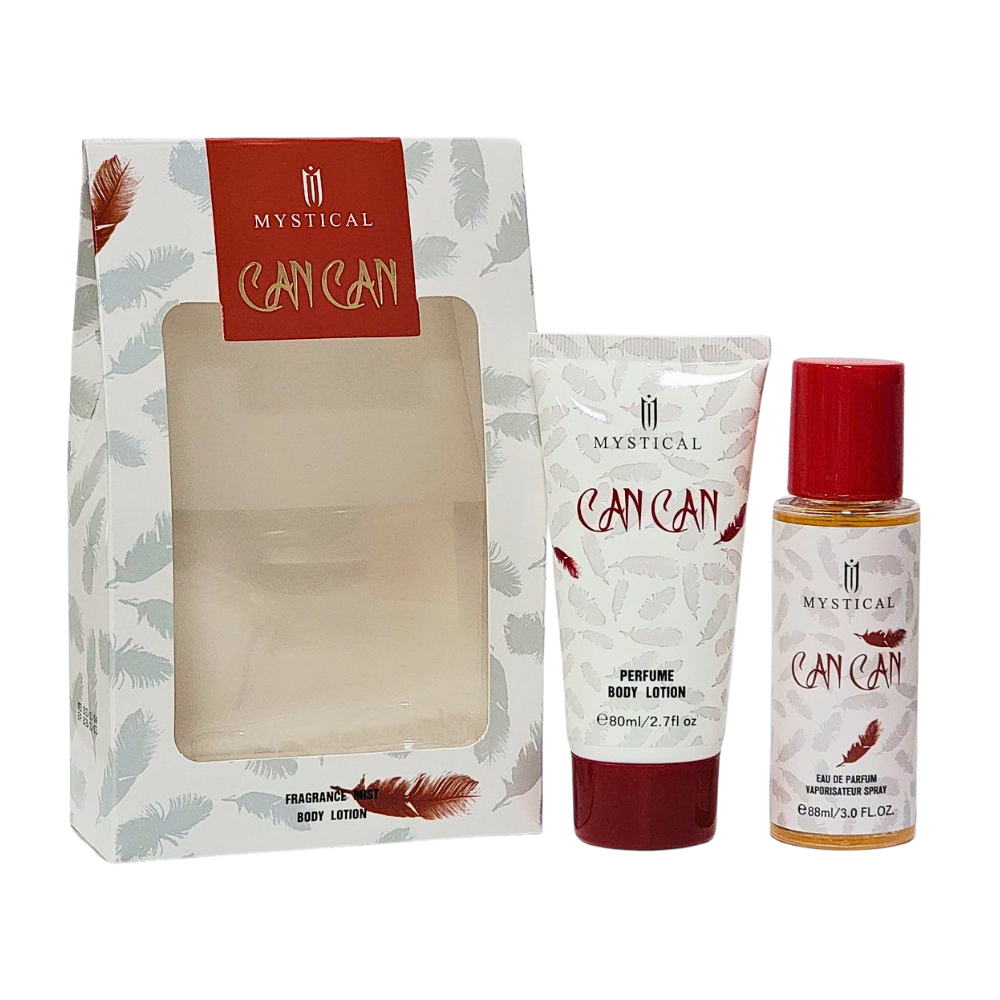 SET DE SPLASH PARA DAMA MYSTICAL CAN CAN SPLASH 88ML, BODY LOTION 80ML (M)