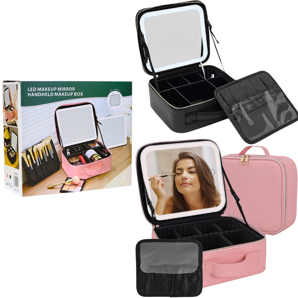 ORGANIZADOR DE COSMETICOS, ESTUCHE ORGANIZADOR DE MAQUILLAJE CON ESPEJO LED, DE 3 MODOS DE LUZ, CUBIERTA TRANSPARENTE, CORREA, DIVISIONES LED MAKEUP MIRROR HANDHELD