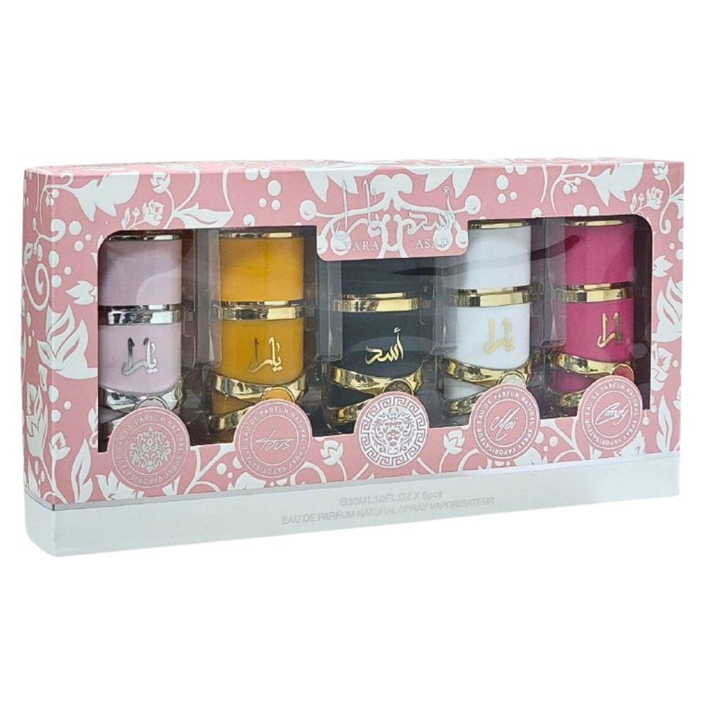 SET LATTAFA YARA ASAD ECONOMICO DE CALIDAD AAA MINI PERFUMES EDP 30MLX5 (U) PRECIO POR MAYOR ES POR CAJA COMPLETA