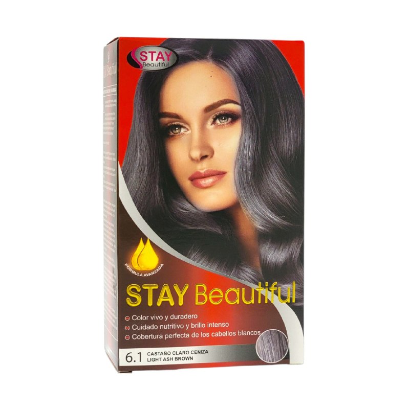 TINTE PARA EL CABELLO COLOR CASTAÑO CLARO CENIZA 6.1, VIVO Y DURADERO STAY BEUTIFUL 50MLX2+20ML
