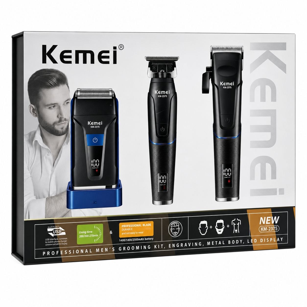 KIT PROFESIONAL 3 EN 1 PARA HOMBRES AFEITADORA PARA CABEZA, AFEITADORA PARA BARBA Y AFEITADORA PARA CUERPO ROTATIVO KEMEI 19CM, 16CM, 13CM