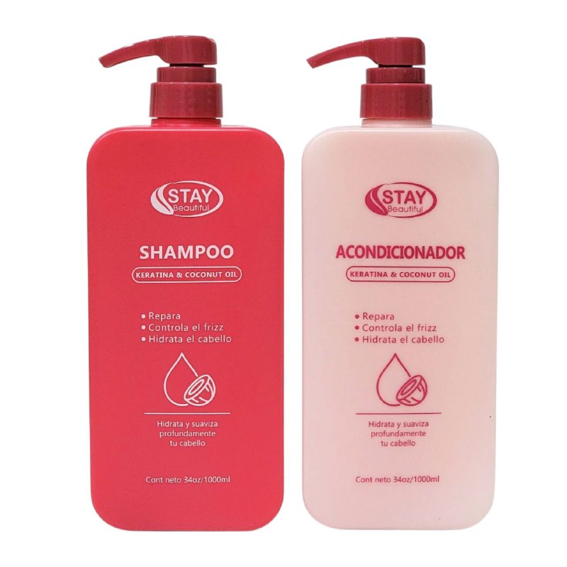 SET DE SHAMPOO Y ACONDICIONADOR DE QUERATINA Y ACEITE DE COCO HIDRATA Y SUAVIZA PROFUNDAMENTE STAY BEAUTIFUL 1000MLX2