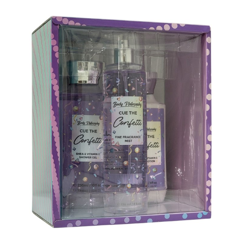 SET BODY PHILOSOPHY CUE THE CONFETTI SPLASH 250ML, CREMA CORPORAL 236ML, SHOWER GEL 295ML (M) DUPE BATH AND BODY CUE THE CONFETTI