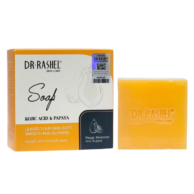 JABON FACIAL EN BARRA DE ACIDO KOJICO Y PAPAYA, DEJA LA PIEL SUAVE, TERSA Y RADIANTE, REJUVENECE, ELIMINA PIEL MUERTA, DA BRILLO SALUDABLE DR RASHEL 100G