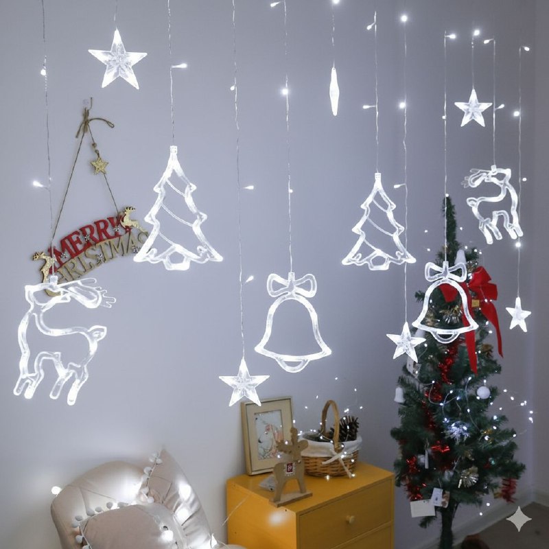 LUCES DECORATIVAS NAVIDEÑAS CORTINA DE LUZ LED BLANCA CON DISEÑO DE ESTRELLA, RENOS, ARBOLES Y CAMAÑAS IDEALES PARA DECORAR TU HOGAR, PATIO O HABITACION 18.5X11X18.5 CM