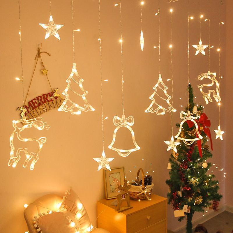 LUCES DECORATIVAS NAVIDEÑAS CORTINA DE LUCES LED FORMA DE ESTRELLA, RENO, ARBOL Y CAMPANA DECORACION PARA EL HOGAR 9 MODOS DE CAMBIO DE LUZ, 20X9.5X20CM LED CHRISTMAS LIGHTS