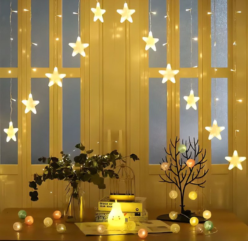 LUCES DECORATIVAS NAVIDEÑAS CORTINA DE LUZ LED DE 14 COLGANTES EN FORMA DE ESTRELLA, IDEAL PARA DECORAR INTERIORES Y EXTERIORES, OFRECE CAMBIOS DE LUZ AMARILLA CREANDO UN AMBIENTE ACOGEDOR Y ELEGANTE