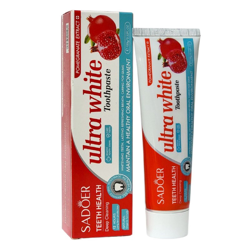 PASTA DE DIENTES, DE EXTRACTO DE GRANADA, ELIMINA LAS MANCHAS DIFICILES Y SARRO BLANDO, DIENTES AMARILLOS, BLANQUEA Y ABRILLANTA LOS DIENTES SADOER 100G
