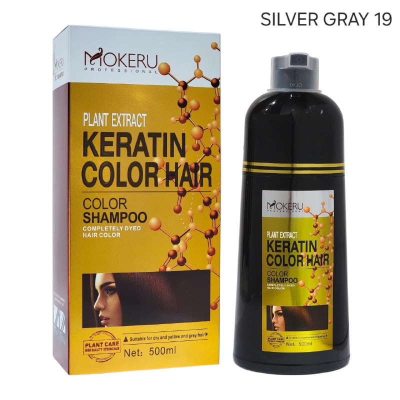 SHAMPOO TINTE PARA EL CABELLO CON QUERATINA CUBRE CANAS COLOR GRIS PLATA 19 MOKERU 500ML