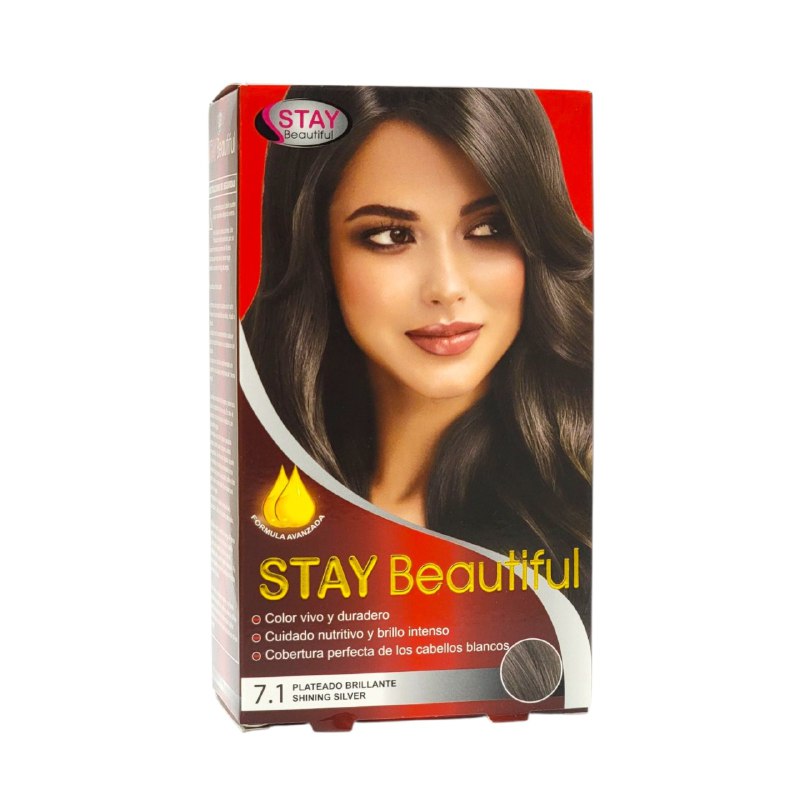 TINTE PARA EL CABELLO COLOR PLATEADO BRILLANTE 7.1, VIVO Y DURADERO STAY BEUTIFUL 50MLX2+20ML