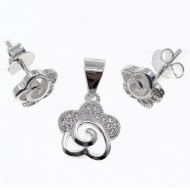 PSET2444 SET FLOR ROSA CON ZIRCONIA BLANCO PLATA 9.25