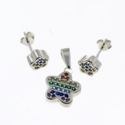 PSET2469 SET FLOR ROSA ESTRELLA CON ZIRCONIA MULTICOLOR PLATA 9.25
