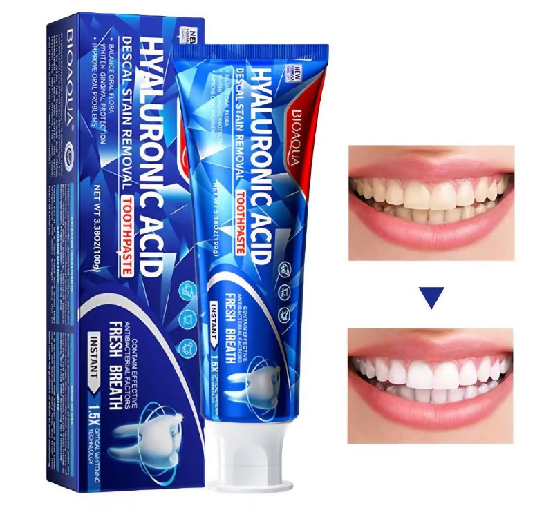 PASTA DE DIENTES, DE ACIDO HIALURONICO, ELIMINA MANCHAS DESCALCIFICADORAS, CREMA SUAVE Y DELICADAS, LIMPIA MANCHAS Y SARRO, FORTALECE LAS ENVIAS BIOAQUA 100G