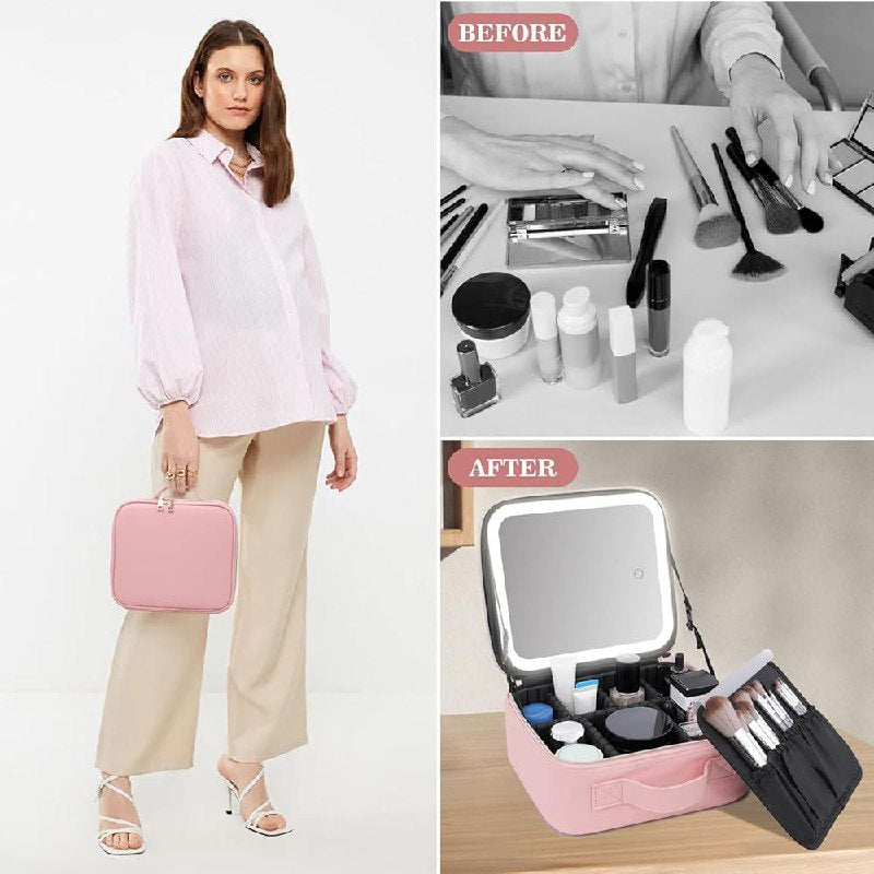 ORGANIZADOR DE COSMETICOS, ESTUCHE ORGANIZADOR DE MAQUILLAJE CON ESPEJO LED, DE 3 MODOS DE LUZ, CUBIERTA TRANSPARENTE, CORREA, DIVISIONES LED MAKEUP MIRROR HANDHELD