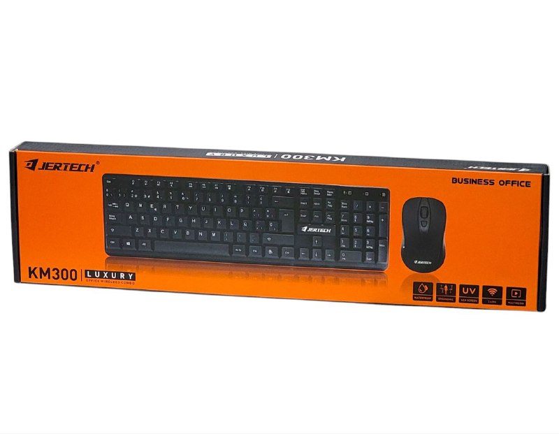 TECLADO INALAMBRICO EN COMBO DE OFICINA, TAMAÑO COMPLETO CON DISEÑO DE 104 TECLAS, MOUSE RATON DE 4 BOTONES JERTECH KM300 LUXURY
