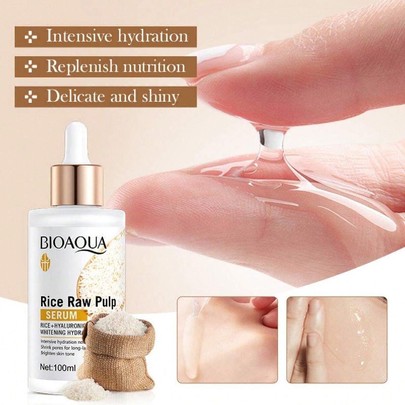 SUERO FACIAL DE PULPA CRUDA DE ARROZ, QUE PENETRA PROFUNDAMENTE PARA BLANQUEAR E HIDRATAR LA PIEL, ILUMINA EL TONO, AUMENTA LA ELASTICIDAD Y FORTALECE LA BARRERA CUTANEA BIOAQUA 100ML