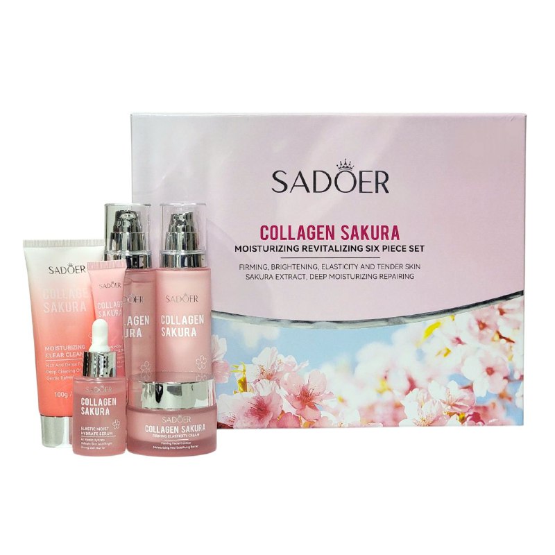 SET DE CUIDADO FACIAL REAFIRMANTE E ILUMINADOR CON EXTRACTO DE SAKURA Y COLAGENO 6PCS SADOER