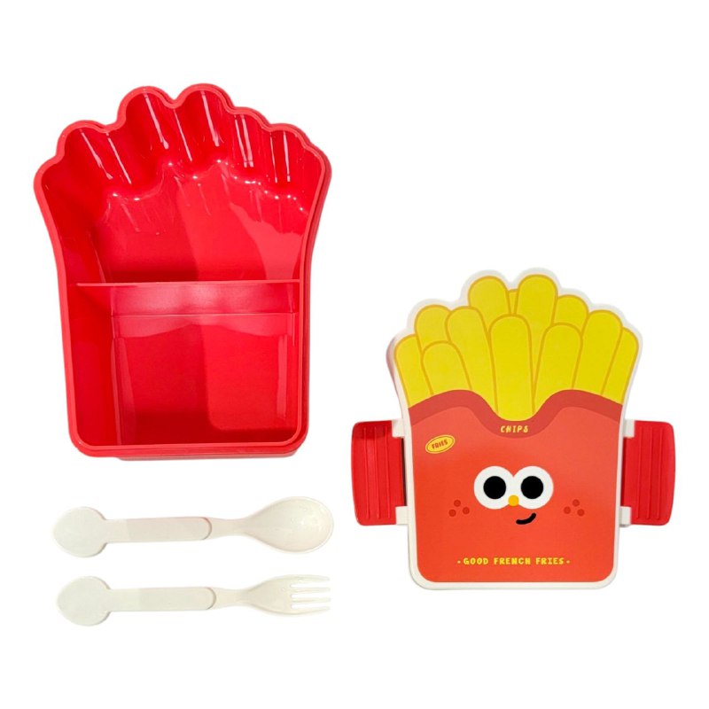 LONCHERA CON DISEÑO DE PAPAS FRITAS Y PALOMITAS CON SEPARADOR Y CUBIERTOS