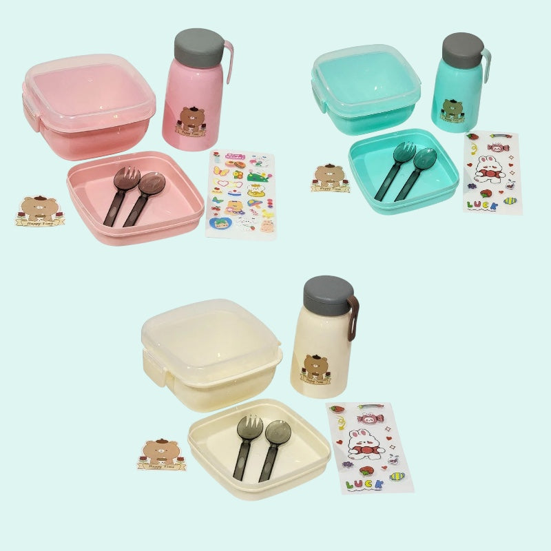 LONCHERA EN KIT CON CUBIERTOS, BOTE Y STICKERS VARIOS ESTILOS