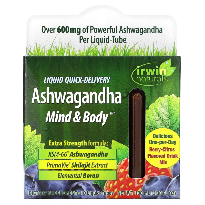 VITAMINAS BEBIBLES DE ASWAGANDHA SABOR A BAYA CITRICO UNA AL DIA PARA EL ESTRES Y LA ANSIEDAD CON CORTISOL IRWIN 100MLX10UND