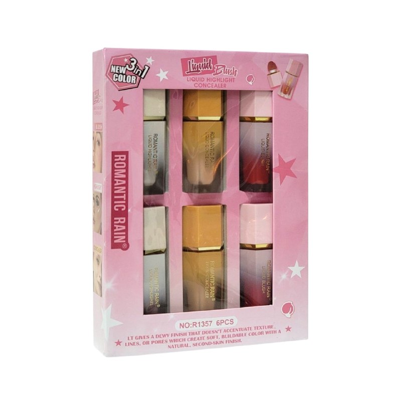 SET DE MAQUILLAJE LIQUIDO DE RUBOR, CORRECTOR E ILUMINADOR ROMANTIC RAIN 6PCS (DUPE SHEGLAM)
