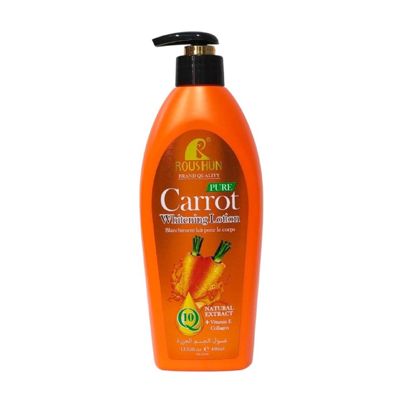 CREMA CORPORAL DE EXTRACTO DE ZANAHORIA, BLANQUEADORA, PROPIEDADES HIDRATANTES Y NUTRITIVAS, RENUEVAN EL BRILLO DE LA PIEL, RAPIDA ABSORCION ROUSHUN BRAND QUALITY 400ML